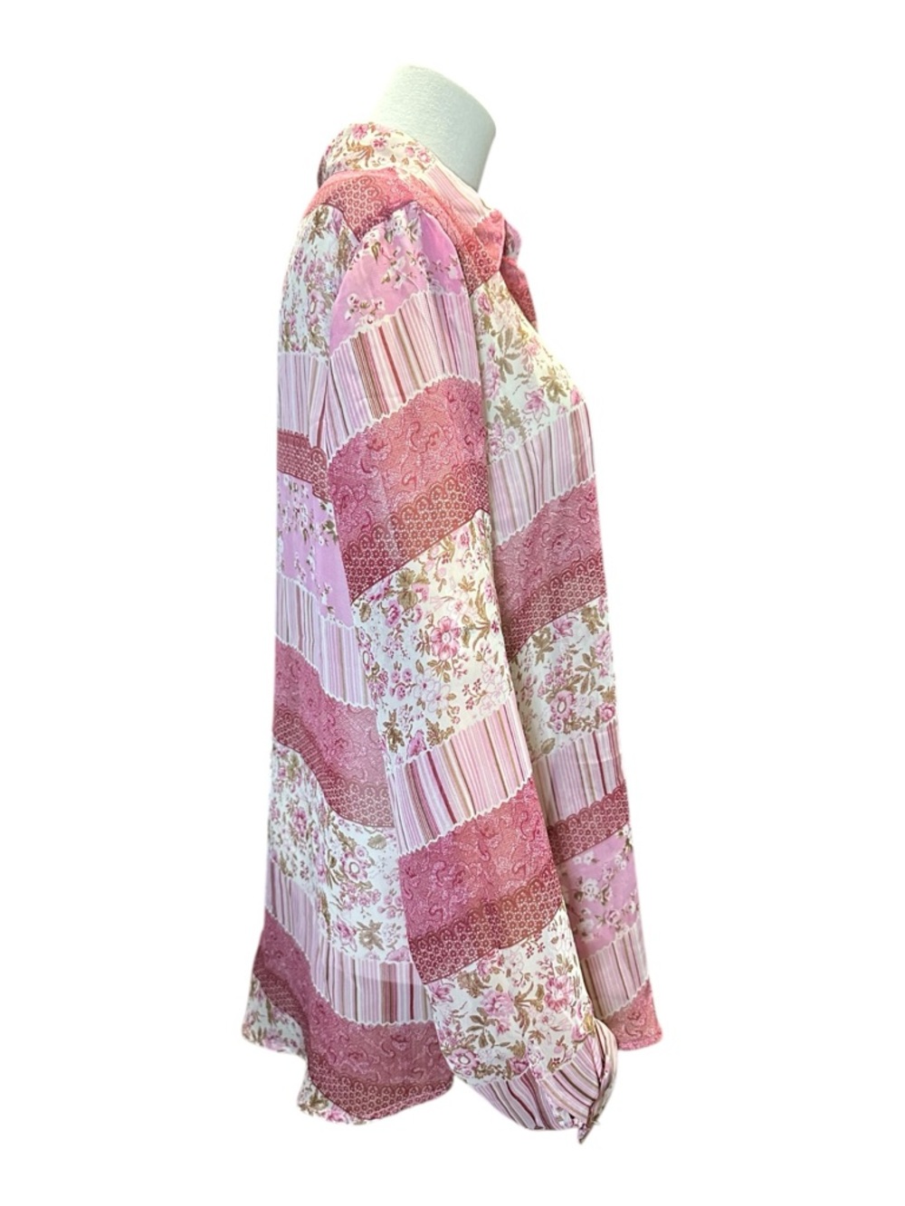 Impressions Pink Sheer Patchwork-Style Button Down Shirt - Picture 4 of 7